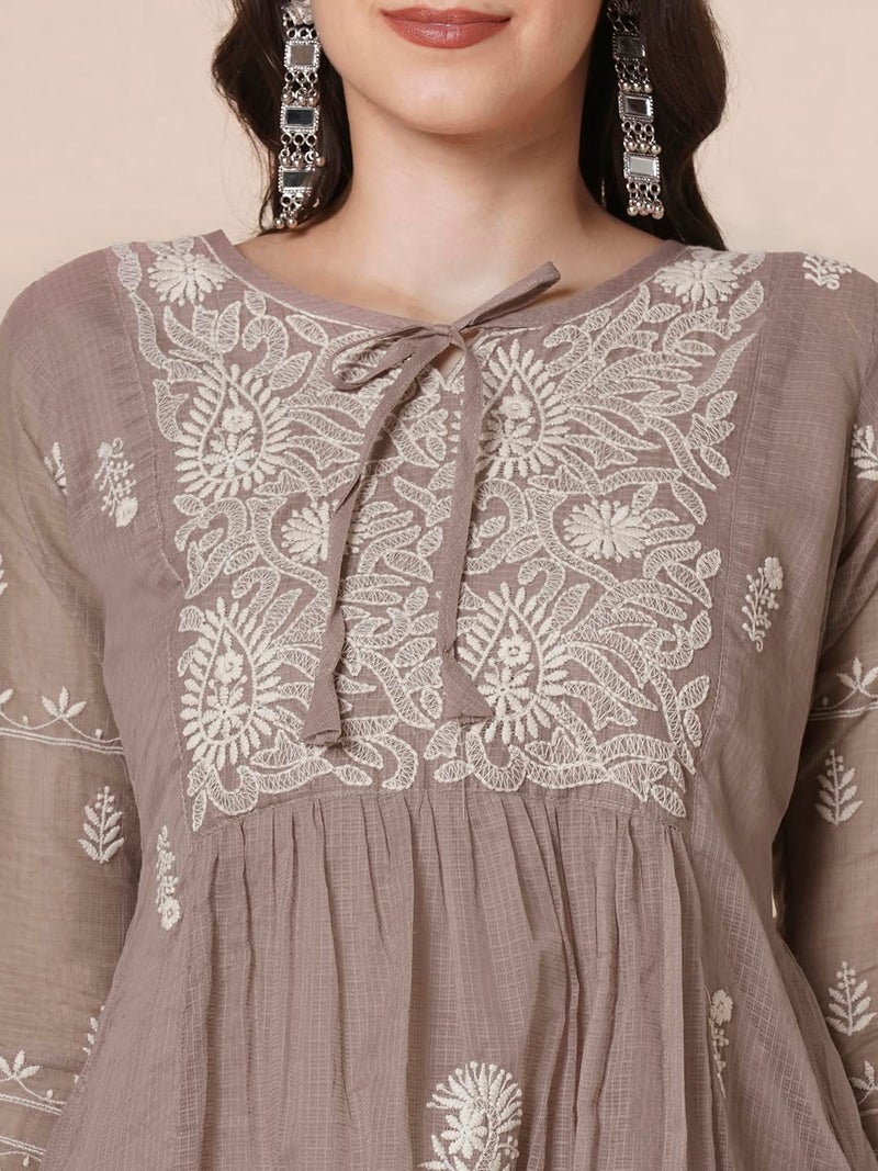 RATAN Women's Muga Cotton Flared Lucknowi Chikankari Ethnic Wear Kurta (TPD-4485-3X-Large_Brown) - Image 5