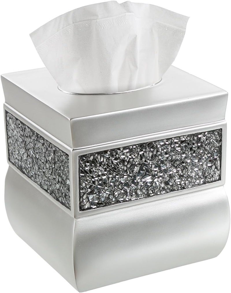 Creative Scents Crackled Glass Silver Tissue Box Cover Square - Decorative Tissue Box Holder - Tissue Holder Vessel for Bathroom with Durable Bottom Slider, Elegant Home or Bathroom Decor - Image 1