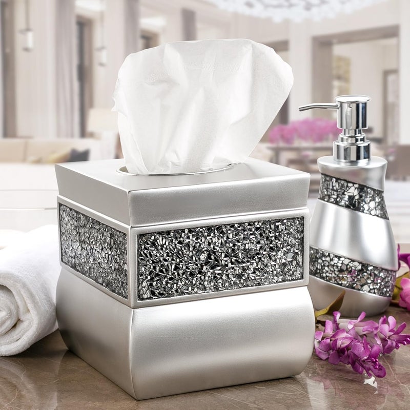 Creative Scents Crackled Glass Silver Tissue Box Cover Square - Decorative Tissue Box Holder - Tissue Holder Vessel for Bathroom with Durable Bottom Slider, Elegant Home or Bathroom Decor - Image 2