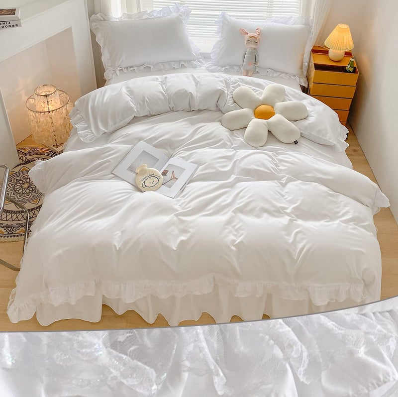 MOOWOO Chic Ruffle Lace Polyester Duvet Cover Set Girl White Bedding3 Piece Queen Duvet Cover with Zipper Closure Ultra Soft and Light Weight White QueenNo Comforter