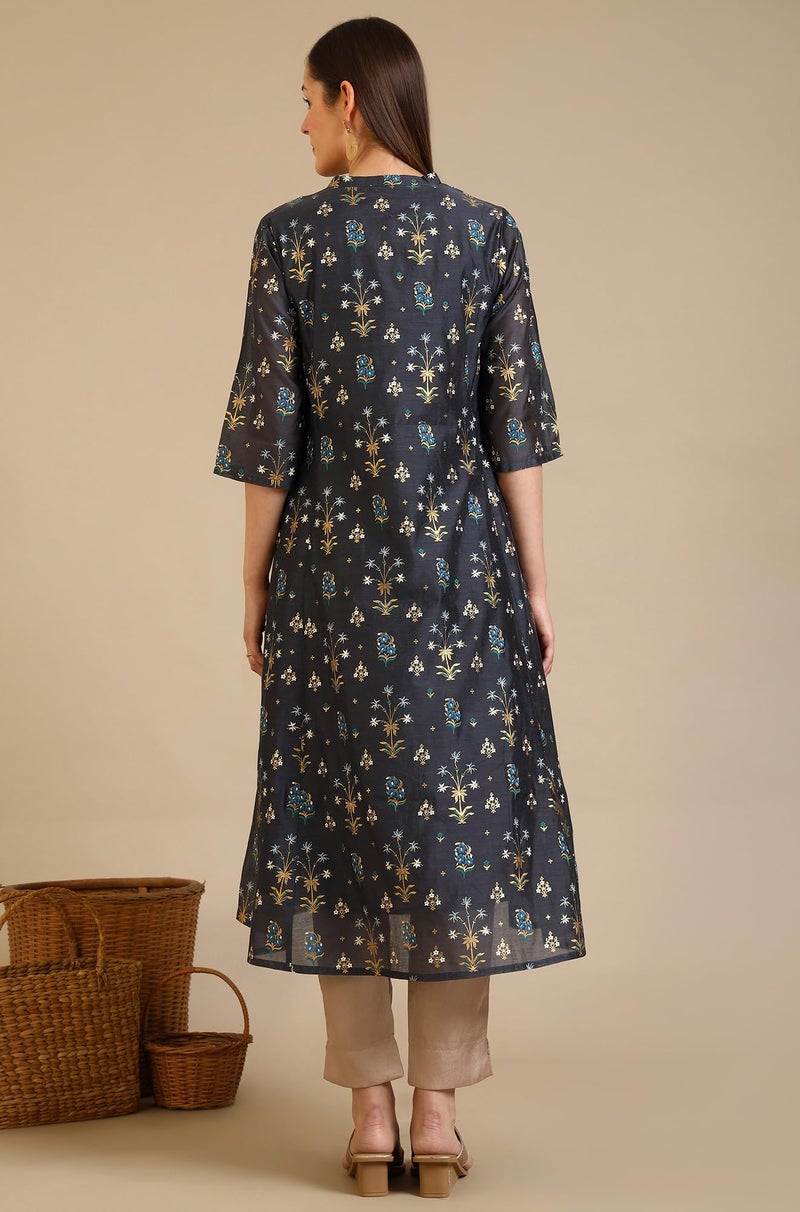 Aurelia Women's Grey Floral Printed A-line Chanderi Kurta (Size: XL)-A15789-502464 - Image 3