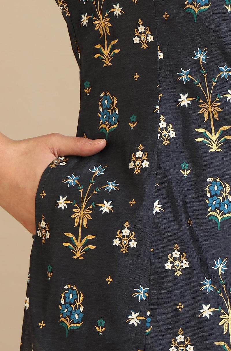 Aurelia Women's Grey Floral Printed A-line Chanderi Kurta (Size: XL)-A15789-502464 - Image 5