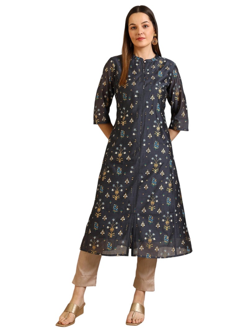 Aurelia Women's Grey Floral Printed A-line Chanderi Kurta (Size: XL)-A15789-502464 - Image 1