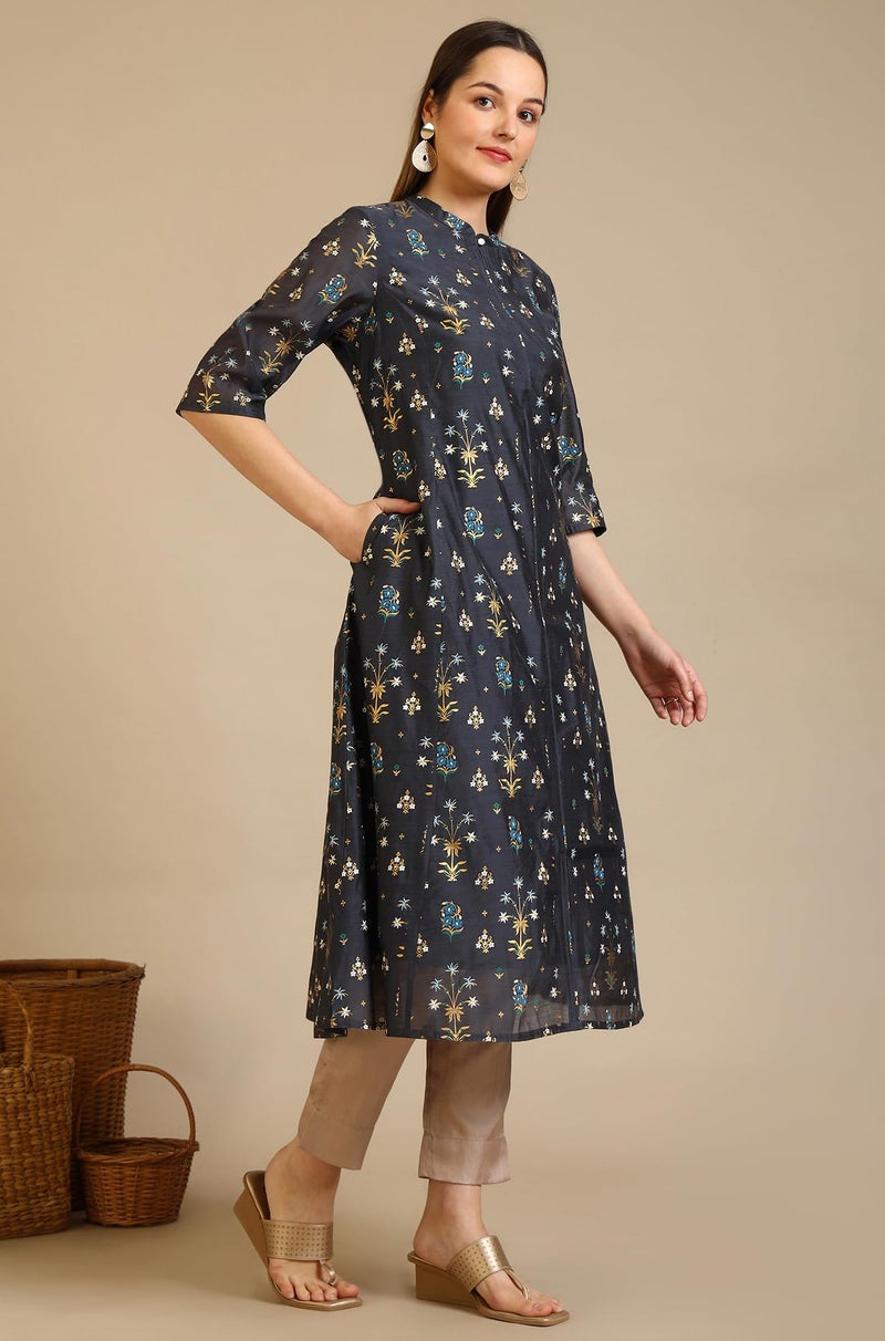 Aurelia Women's Grey Floral Printed A-line Chanderi Kurta (Size: XL)-A15789-502464 - Image 4