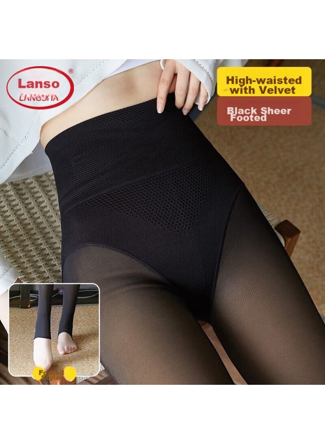 LANG SHA Langsha Women's Leggings, Spring And Summer Thin Fleece, Nude Feel Pantyhose, Flight Attendant Gray, Skin-translucent, High-waist, Tummy Control Lifting Pants, Black, Foot-length - Image 1