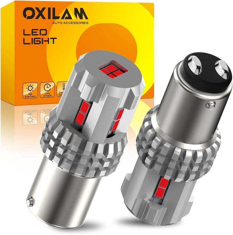OXILAM 1157 لمبات LED لأضواء الفرامل بقوة 3000 لومن شديدة السطوع 2057 7528 7507 BAY15D لمبات LED 1157 لأضواء الذيل وأضواء الفرامل باللون الأحمر اللامع، قطعتان - Image 1