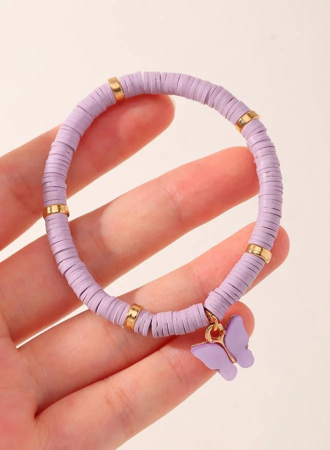 Take Two Girls Purple Butterfly Charm Beaded Bracelet