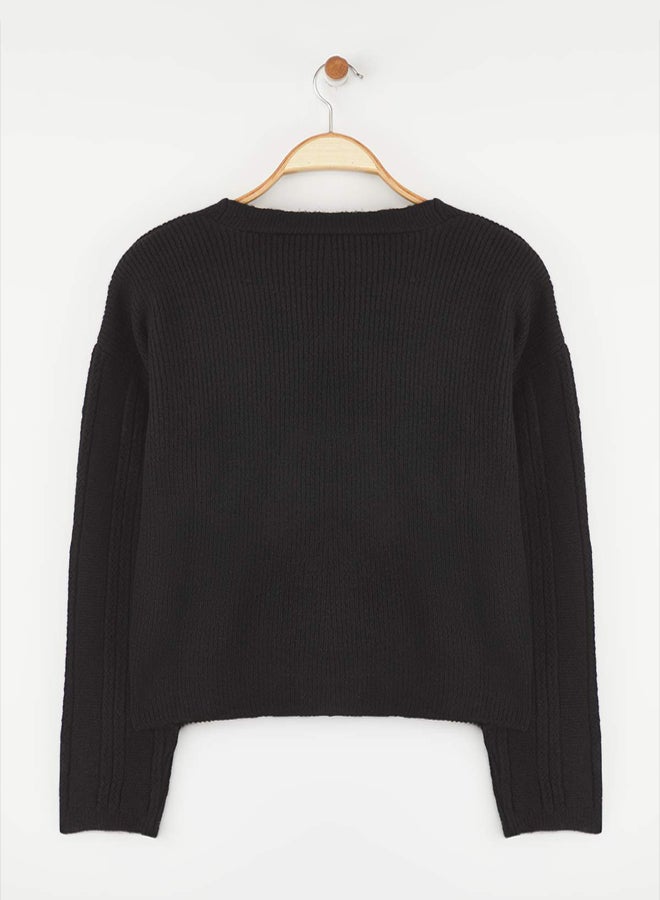 trendyol Black Soft Texture Sleeve Embroidery Detailed Wide Pattern Knitwear Cardigan - Image 5