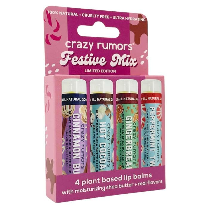 Crazy Rumors Festive Mix  Gingerbread Hot Cocoa Cinnamon Bun  Peppermint Twist  4 Pack Lip Balm