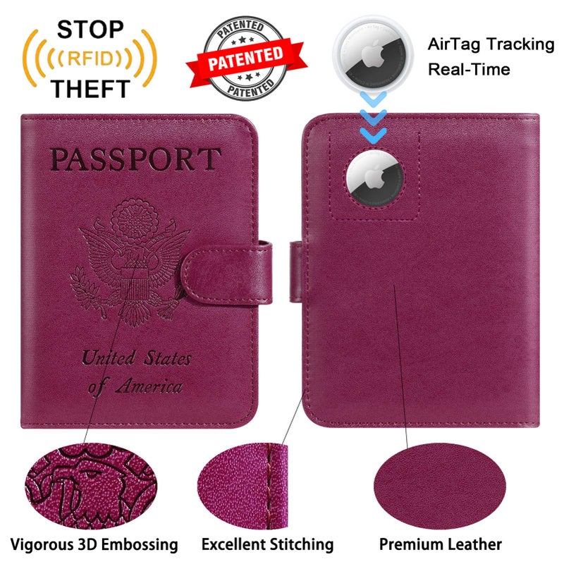 PASCACOO Airtag Passport Holder Cover Wallet RFID Blocking Leather Case Travel Essentials Luggage Accessories Travel Must Have(118#Purple) - Image 3