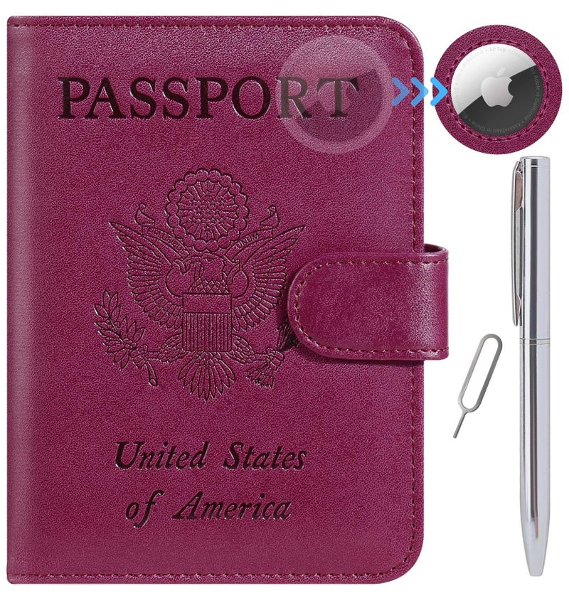 PASCACOO Airtag Passport Holder Cover Wallet RFID Blocking Leather Case Travel Essentials Luggage Accessories Travel Must Have(118#Purple) - Image 1