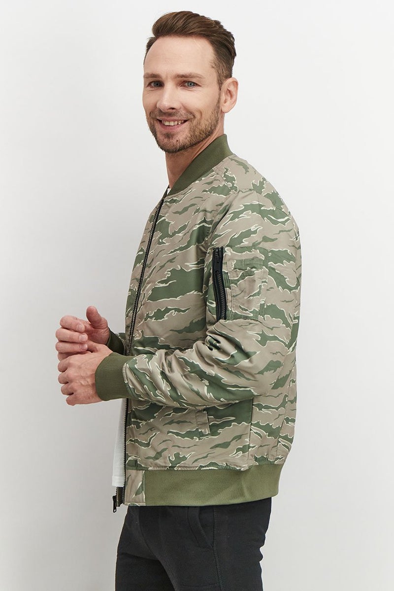 LUCKY BRAND Men Round Neck Camouflage Long Sleeve Bomber Jacket, Green Combo - Image 4