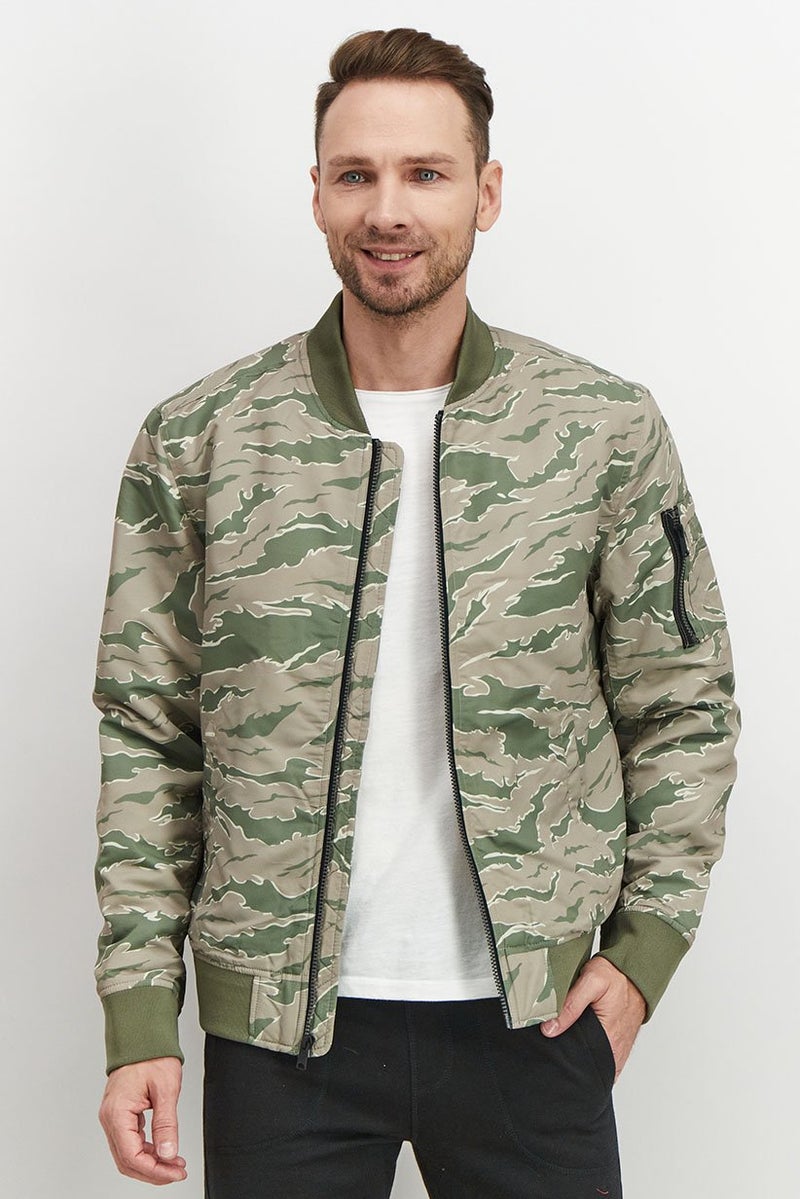 LUCKY BRAND Men Round Neck Camouflage Long Sleeve Bomber Jacket, Green Combo - Image 1