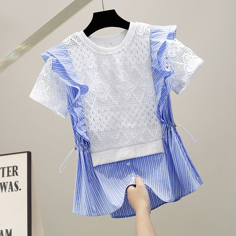 In stock fashion crocheted hollow-out water-soluble lace stitching drawstring waist-tight fake two-piece top loose slimming top - Image 3