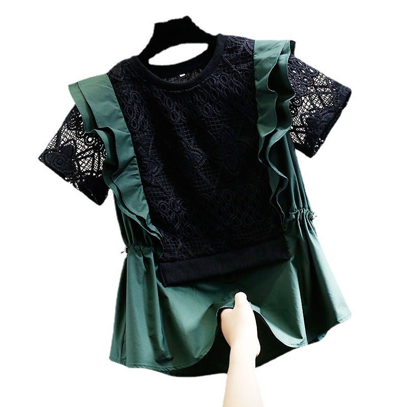 In stock fashion crocheted hollow-out water-soluble lace stitching drawstring waist-tight fake two-piece top loose slimming top - Image 4