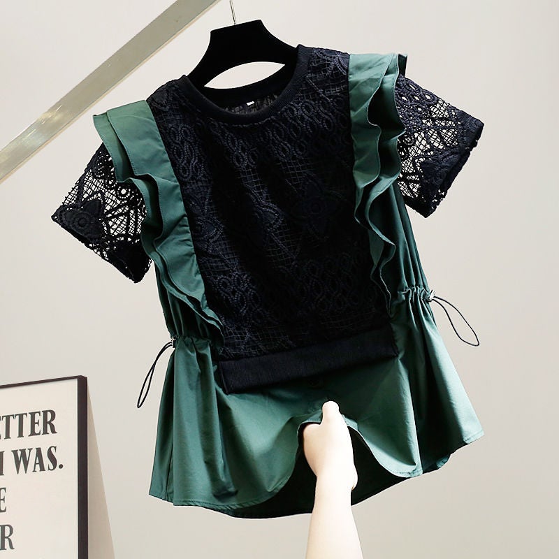 In stock fashion crocheted hollow-out water-soluble lace stitching drawstring waist-tight fake two-piece top loose slimming top - Image 2