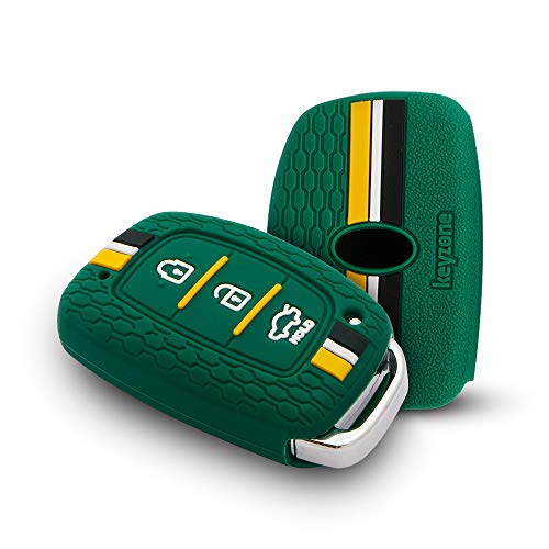 Keyzone® Striped Silicone Key Cover Compatible for i10 Grand, i20 Elite, i20 Active, Xcent, Verna 4s, Tucson, Elantra, Grand i10 Nios (3 Button Smart Key, Green) - Image 1