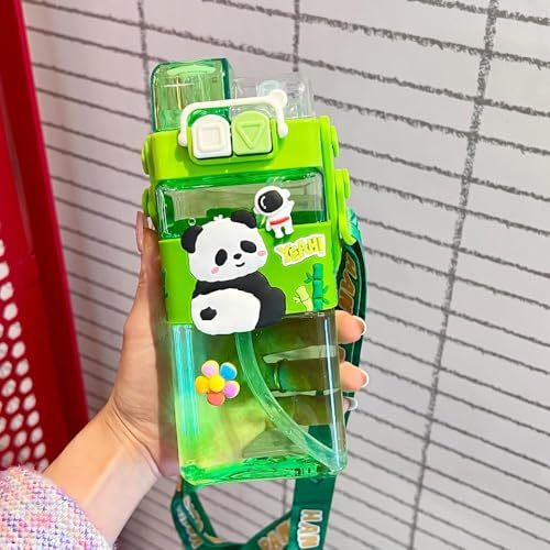 Elecart Panda Kid's Cartoon Water Bottle with Adjustable Strap – Cute Double Drinking Straw Cup | Leak-Proof, Portable Tumbler – 500ML – Perfect for School & Outdoor Fun (Panda) - Image 1