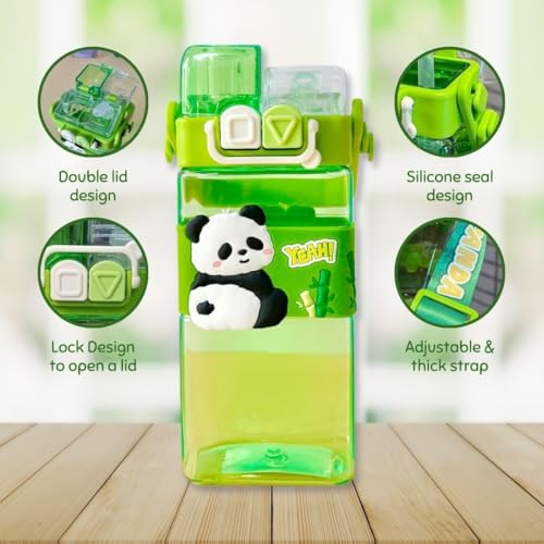 Elecart Panda Kid's Cartoon Water Bottle with Adjustable Strap – Cute Double Drinking Straw Cup | Leak-Proof, Portable Tumbler – 500ML – Perfect for School & Outdoor Fun (Panda) - Image 2