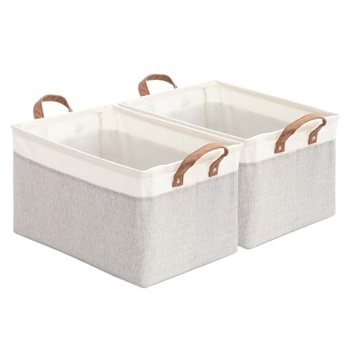 STORAGEIDEAS Storage Basket Bins with Metal Frame Large Collapsible Fabric Storage Baskets for Organizing Shelf Basket Organizer WHandles for Towels Laundry Nursery 2Pack White Grey - Image 1