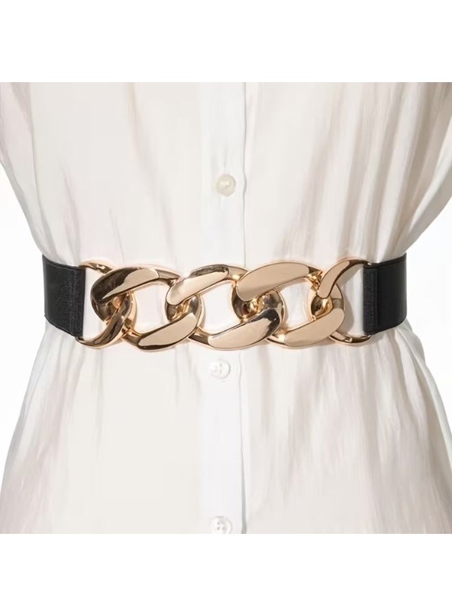 Goolsky Chic Golden-Tone Elastic Waist Belt for Women - Versatile Accessory for Casual & Formal Wear, Perfect for Parties, Weddings, and Everyday Chic - Adjustable, No-Wash Polyester, Fashionable Hollow-Out Design - Image 1
