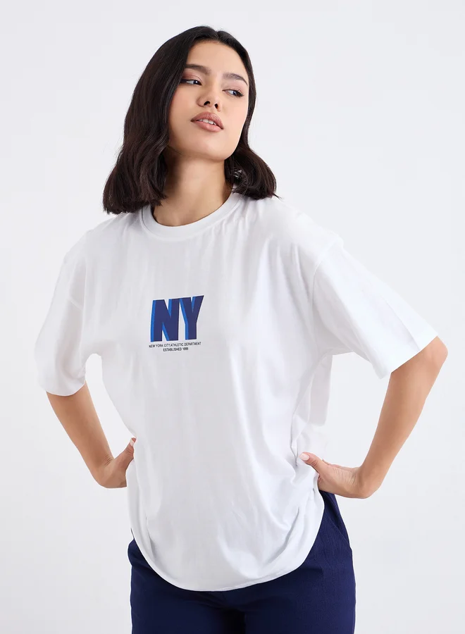 ستايلي Styli Slogan Print Oversized Longline T-Shirt