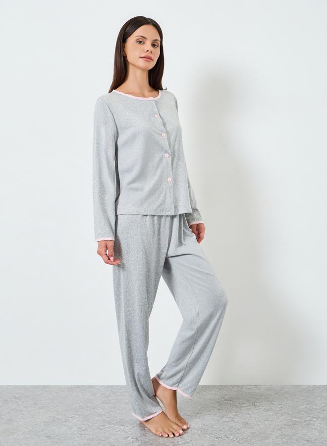 Styli Solid Opening Tops&Pants Pajama Long Sets - Image 1