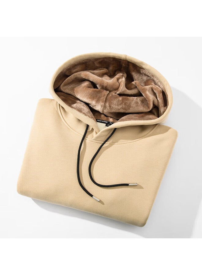 Geniolamode Fleece-lined Hoodie For Men, Casual Fashion Versatile Simple Letter Print Sweatshirt For Autumn And Winter, Khaki, XL - Image 1