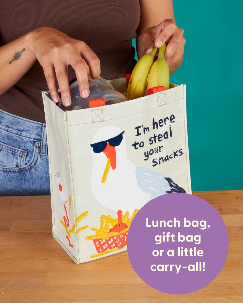 Blue Q Handy Tote Bag - I'm Here to Steal Your Snacks - Recycled & Reusable Sturdy Canvas Shopping Bag with Quirky Art and Handles, 95% Recycled Material Ideal for Lunch, Gift, 10" h x 8.5" w x 4.5" d - Image 5