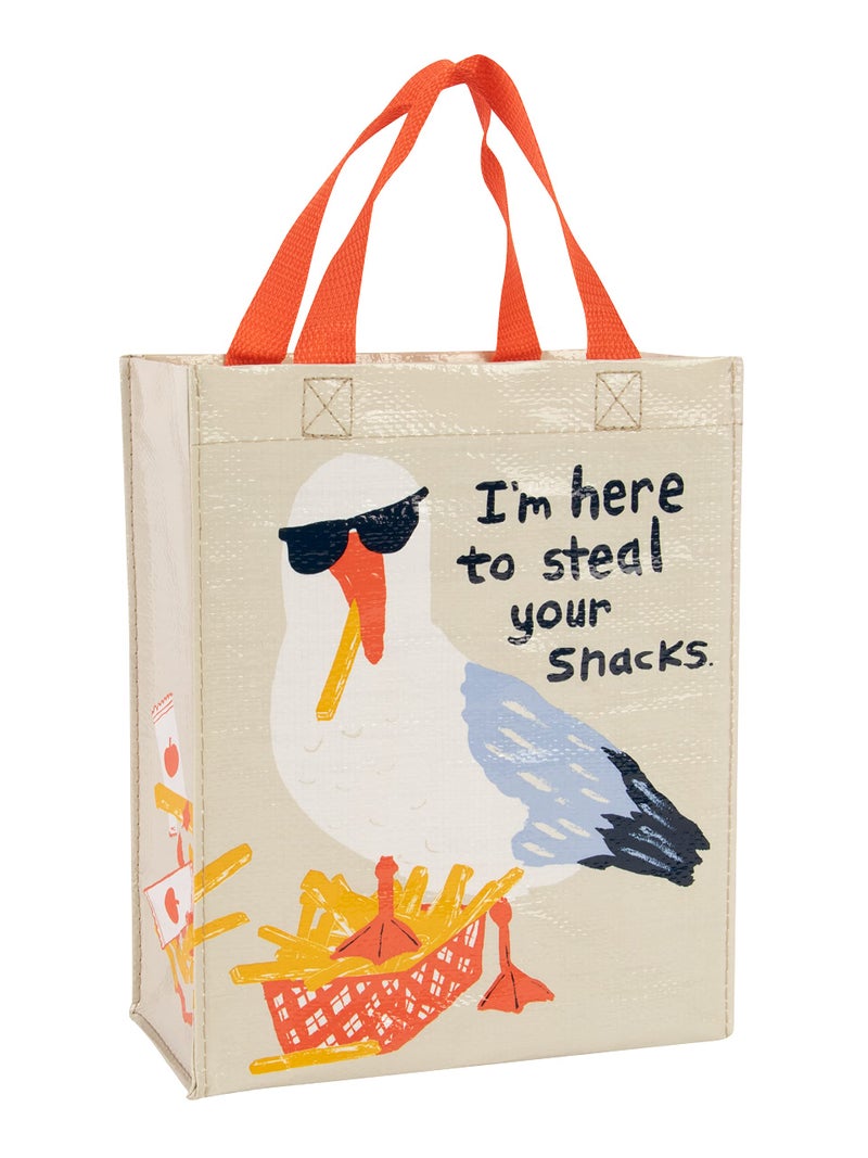 Blue Q Handy Tote Bag - I'm Here to Steal Your Snacks - Recycled & Reusable Sturdy Canvas Shopping Bag with Quirky Art and Handles, 95% Recycled Material Ideal for Lunch, Gift, 10" h x 8.5" w x 4.5" d - Image 1