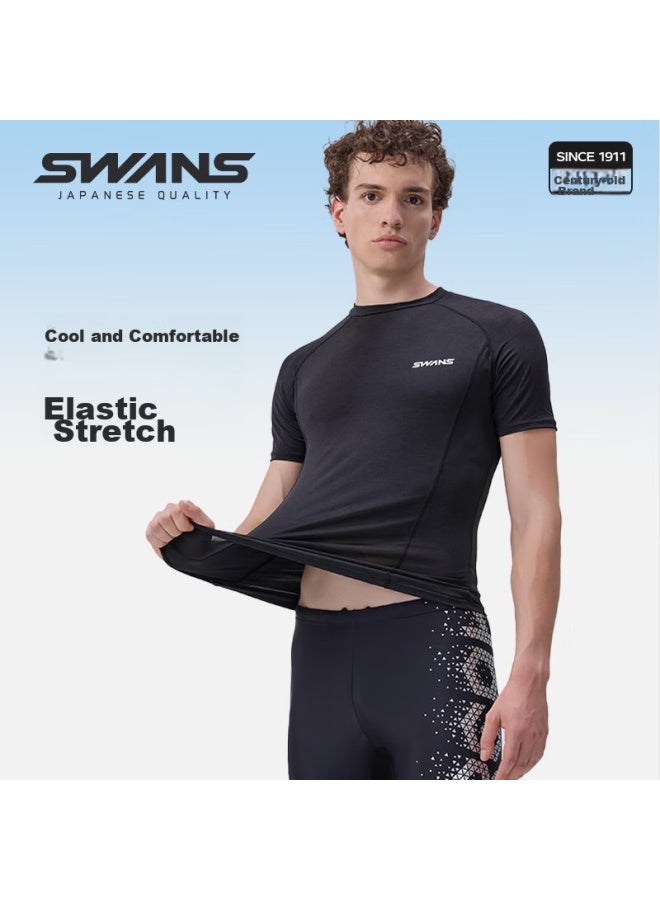 Speed Vision Swans Men's Swimwear, Swimming Trunks, Surfing Suit, Short-sleeve Top, Professional Quick-dry Swimming Gear, Black, Size L - Image 1