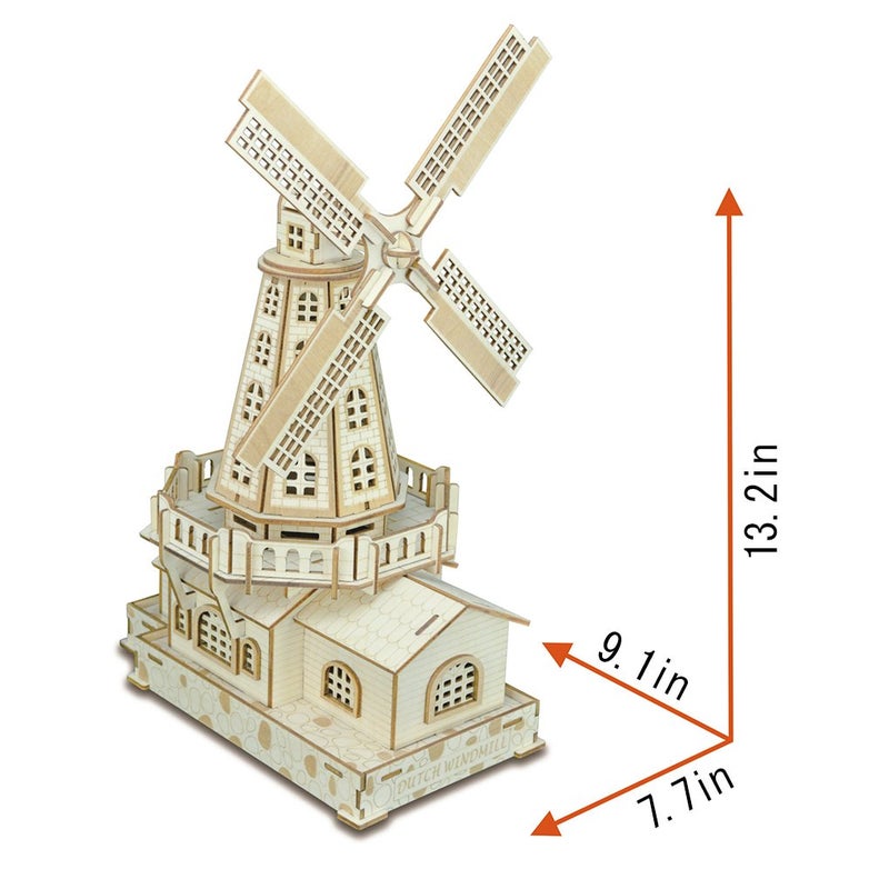 Bitopbi 3D Wooden Puzzles Laser Engraving DIY Safe Assembly Constructor Kit Toy for Teens and Adults  World Famous Buildings Mechanical 3-D Models for Self-Assembly (C2 Dutch Windmill) - Image 2