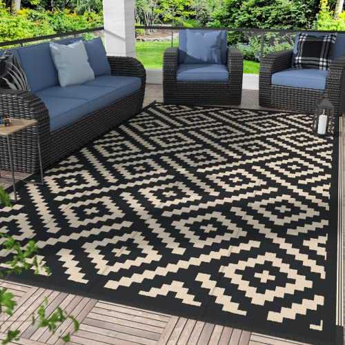 GENIMO Outdoor Rug for Patio Clearance,6'x9' Waterproof Mat,Reversible Plastic Camping Rugs,Rv,Deck,Porch,Camper,Balcony,Backyard (Black & Beige) - Image 1