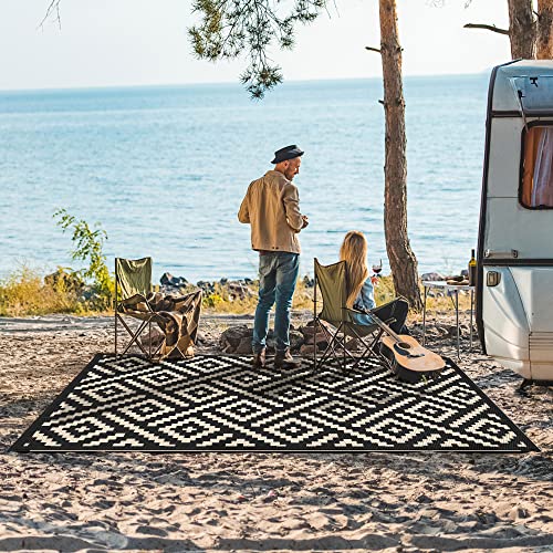 GENIMO Outdoor Rug for Patio Clearance,6'x9' Waterproof Mat,Reversible Plastic Camping Rugs,Rv,Deck,Porch,Camper,Balcony,Backyard (Black & Beige) - Image 2