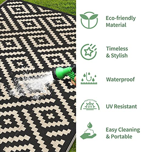 GENIMO Outdoor Rug for Patio Clearance,6'x9' Waterproof Mat,Reversible Plastic Camping Rugs,Rv,Deck,Porch,Camper,Balcony,Backyard (Black & Beige) - Image 5