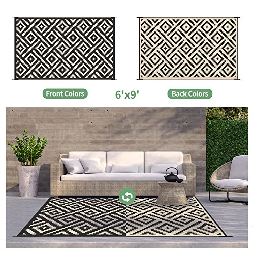 GENIMO Outdoor Rug for Patio Clearance,6'x9' Waterproof Mat,Reversible Plastic Camping Rugs,Rv,Deck,Porch,Camper,Balcony,Backyard (Black & Beige) - Image 4