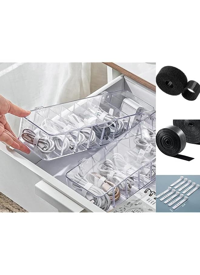 BLUE OCEAN Ocean Transparent Data Cable Organizer Storage Box With Cover Lid Charger Cables Organiser Desk Storage Organizer Cable Management 2m Hook and Loop Tape roll straps ,10 silicon Cable Ties  - Image 1