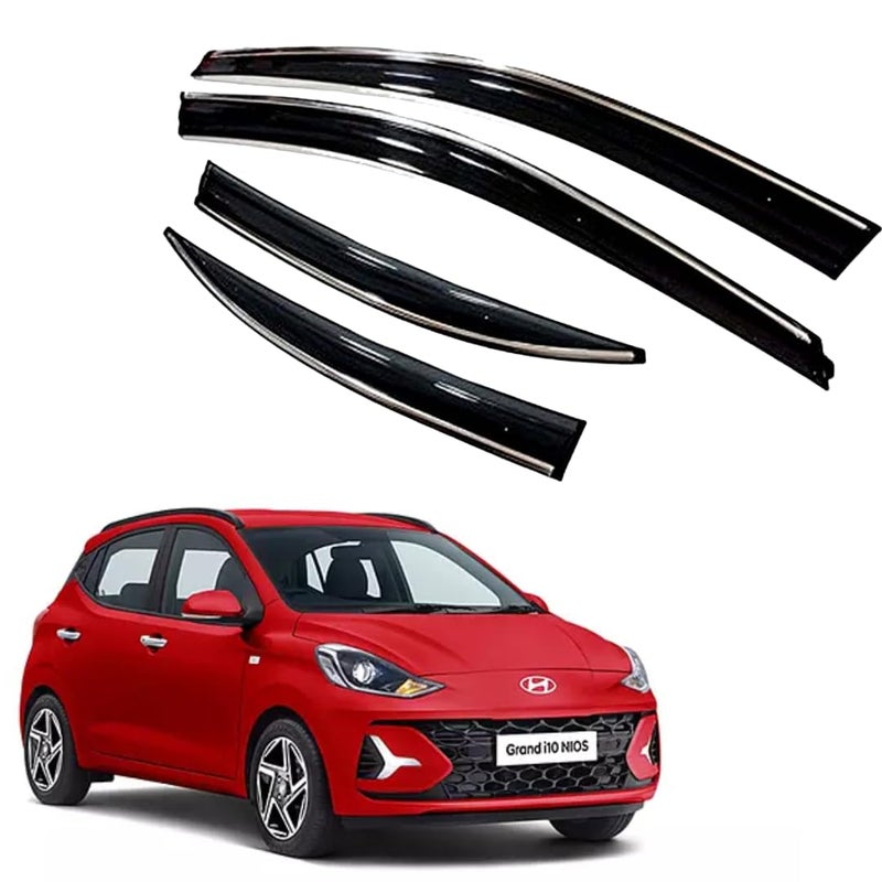 ROYALTECH Premium Chromeline & Silverline Unbreakable Car Rear Window Wind Deflectors & Side Door Visor Rain Guard Compatible with (Hyundai Grand i10 Nios (2019 Onwards)) - Image 1