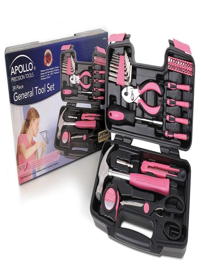 Apollo Tools Original 39 Piece General Household Tool Set in Toolbox Storage Case with Essential Hand Tools for Everyday Home Repairs, DIY and Crafts - Pink Ribbon - Pink - DT9706P - Image 2