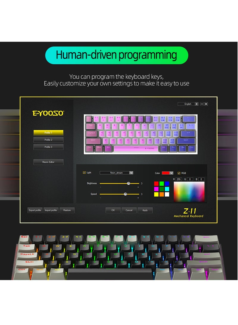 إي-يوسو لوحة مفاتيح ميكانيكية للألعاب Z-11 مكونة من 61 مفتاحًا، لوحة مفاتيح مدمجة سلكية بنسبة 60% باللون الأزرق مع إضاءة خلفية RGB ولوحة معدنية لنظام التشغيل Windows ونظام التشغيل Mac OS-أسود رمادي - Image 4