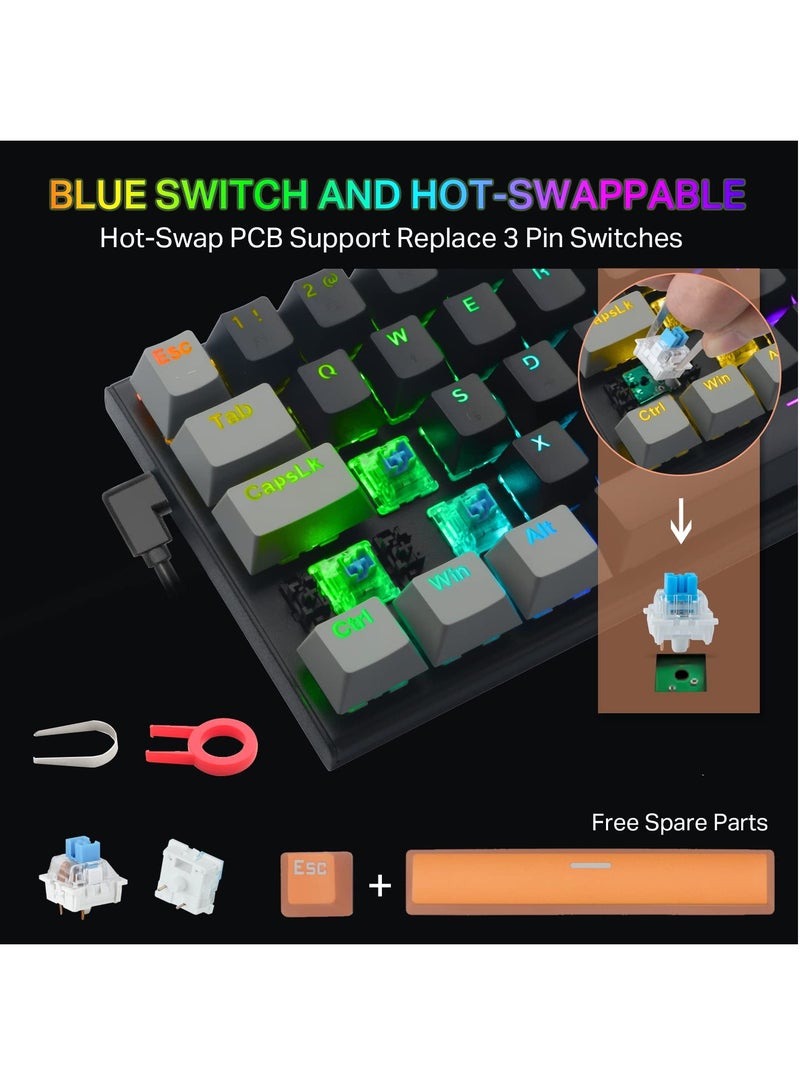 إي-يوسو لوحة مفاتيح ميكانيكية للألعاب Z-11 مكونة من 61 مفتاحًا، لوحة مفاتيح مدمجة سلكية بنسبة 60% باللون الأزرق مع إضاءة خلفية RGB ولوحة معدنية لنظام التشغيل Windows ونظام التشغيل Mac OS-أسود رمادي - Image 2