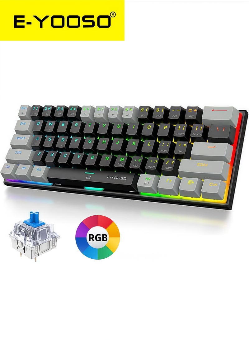إي-يوسو لوحة مفاتيح ميكانيكية للألعاب Z-11 مكونة من 61 مفتاحًا، لوحة مفاتيح مدمجة سلكية بنسبة 60% باللون الأزرق مع إضاءة خلفية RGB ولوحة معدنية لنظام التشغيل Windows ونظام التشغيل Mac OS-أسود رمادي - Image 1
