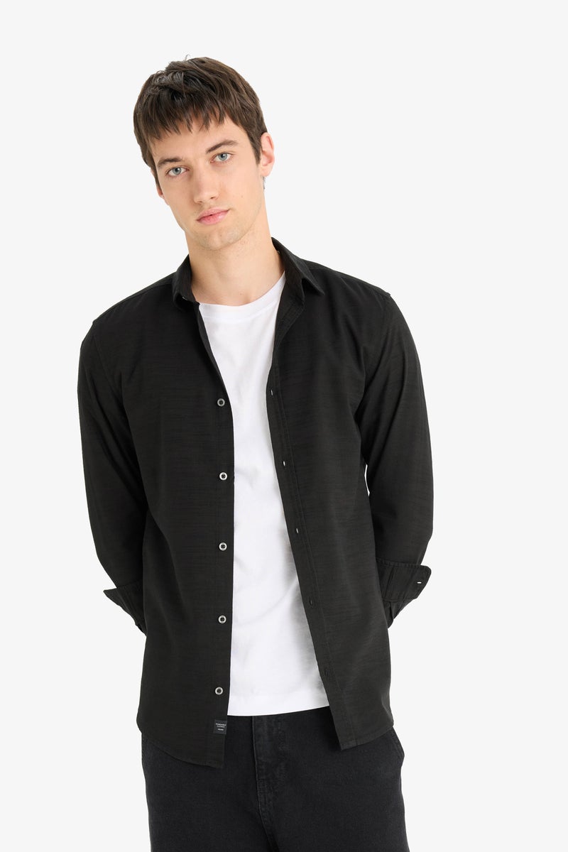 DeFacto Black Man Slim Fit Cotton Long Sleeve Shirt Casual - Image 3