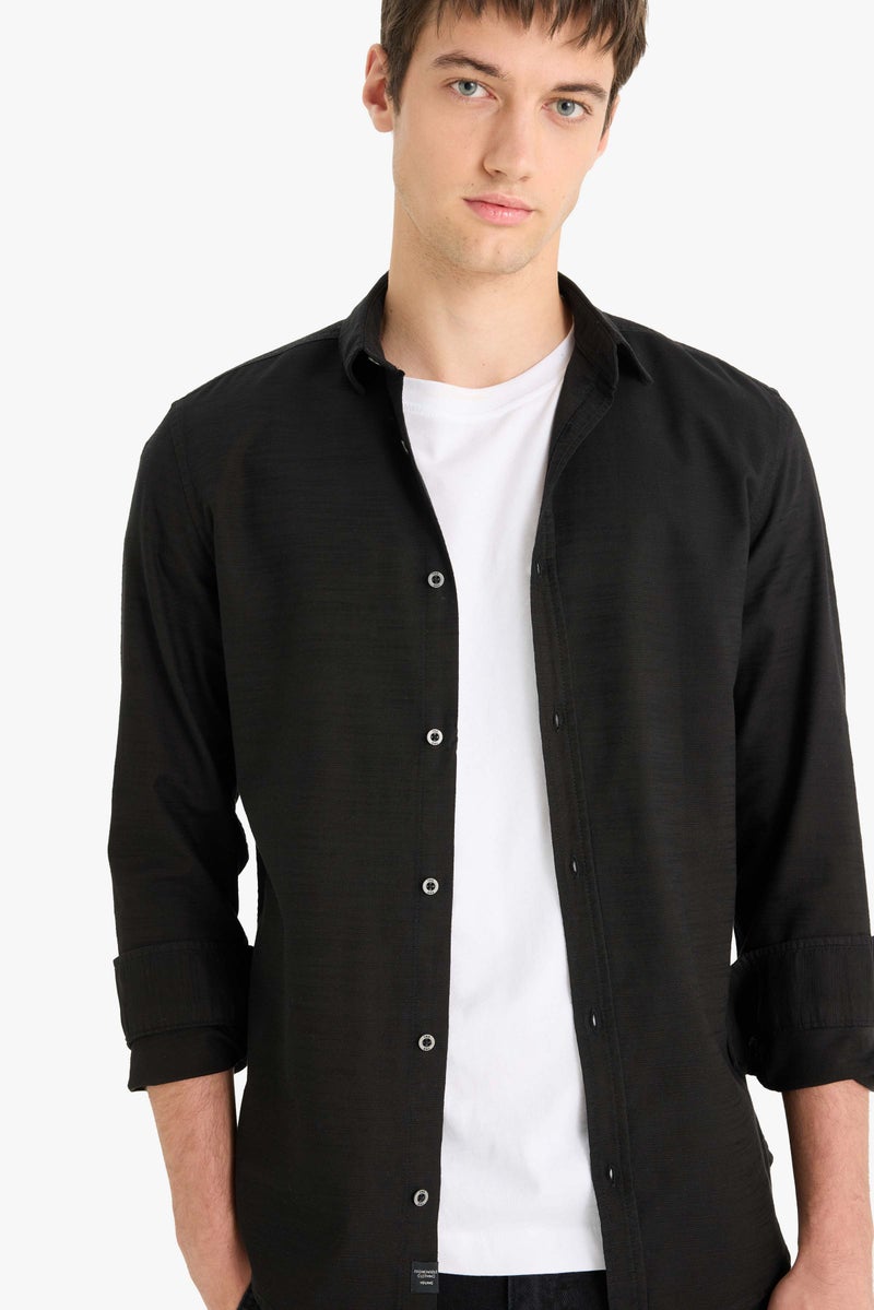 DeFacto Black Man Slim Fit Cotton Long Sleeve Shirt Casual - Image 1