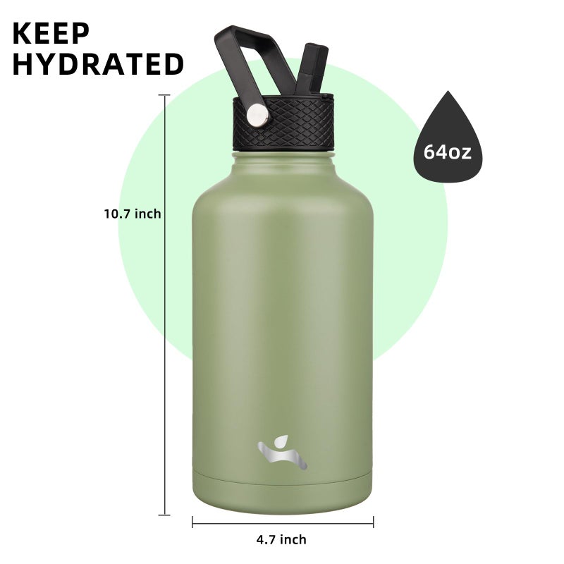 Konokyo Half Gallon Insulated Water Bottle with Straw,64 oz 3 Lids Water Jug with Carrying Bag,Paracord Handle, Double Wall Vacuum Stainless Steel Metal Flask,Camp Green - Image 3
