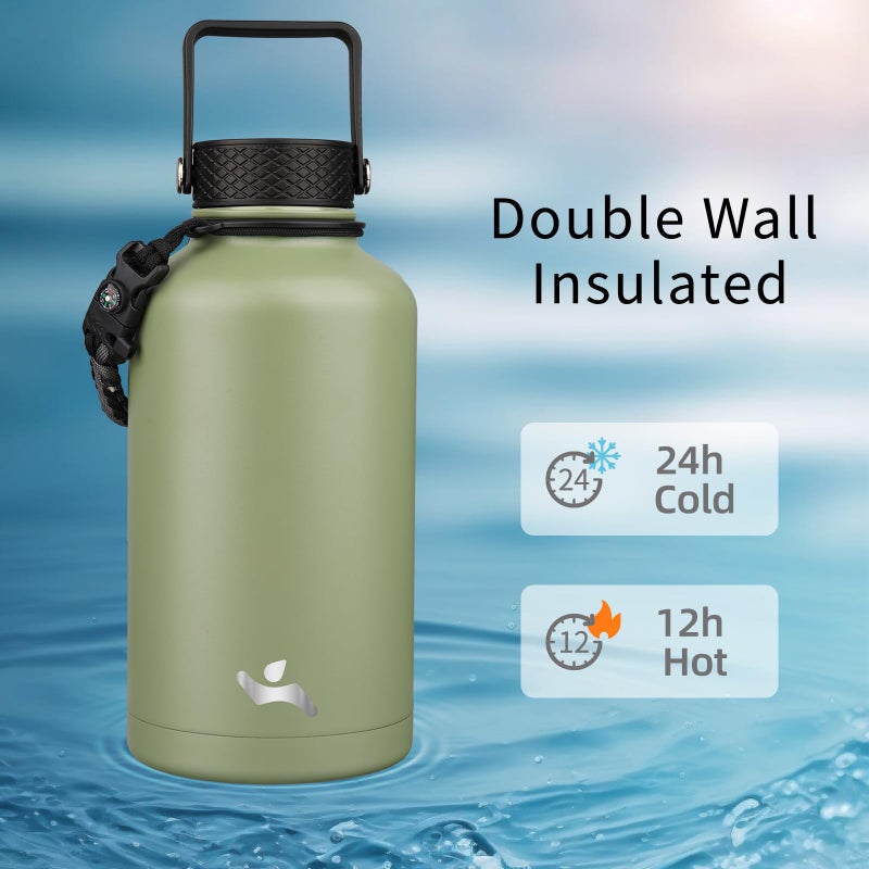 Konokyo Half Gallon Insulated Water Bottle with Straw,64 oz 3 Lids Water Jug with Carrying Bag,Paracord Handle, Double Wall Vacuum Stainless Steel Metal Flask,Camp Green - Image 2