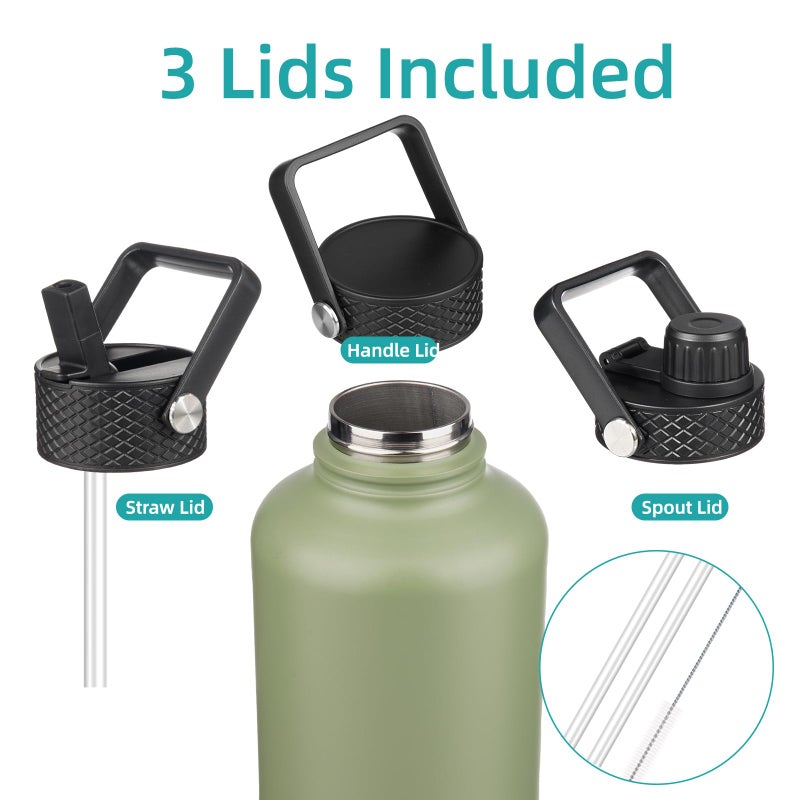 Konokyo Half Gallon Insulated Water Bottle with Straw,64 oz 3 Lids Water Jug with Carrying Bag,Paracord Handle, Double Wall Vacuum Stainless Steel Metal Flask,Camp Green - Image 4