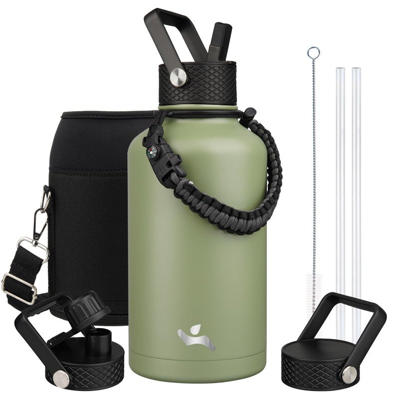 Konokyo Half Gallon Insulated Water Bottle with Straw,64 oz 3 Lids Water Jug with Carrying Bag,Paracord Handle, Double Wall Vacuum Stainless Steel Metal Flask,Camp Green - Image 1