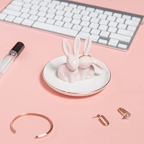 Lynagert Bunny Ring Holder - Ceramic Jewelry Dish for Rings, Earrings, Necklace Organizer - Rabbit Trinket Tray, Wedding Engagement Holder (Pink) - Image 2