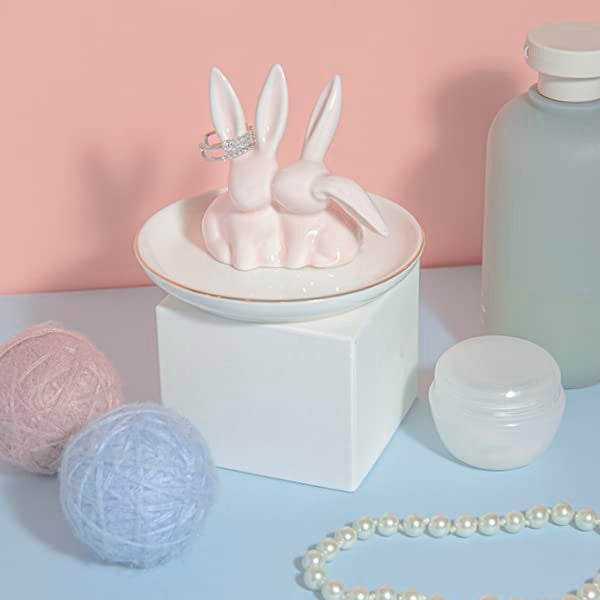 Lynagert Bunny Ring Holder - Ceramic Jewelry Dish for Rings, Earrings, Necklace Organizer - Rabbit Trinket Tray, Wedding Engagement Holder (Pink) - Image 3